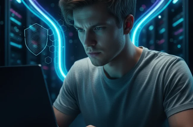 Иллюстрация к статье «VPN или Proxy: Что лучше для анонимности в интернете? Полный разбор» — A focused young man with Slavic appearance (fair skin, light bro…