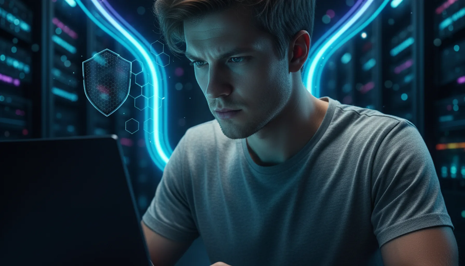 Иллюстрация к статье «VPN или Proxy: Что лучше для анонимности в интернете? Полный разбор» — A focused young man with Slavic appearance (fair skin, light bro…