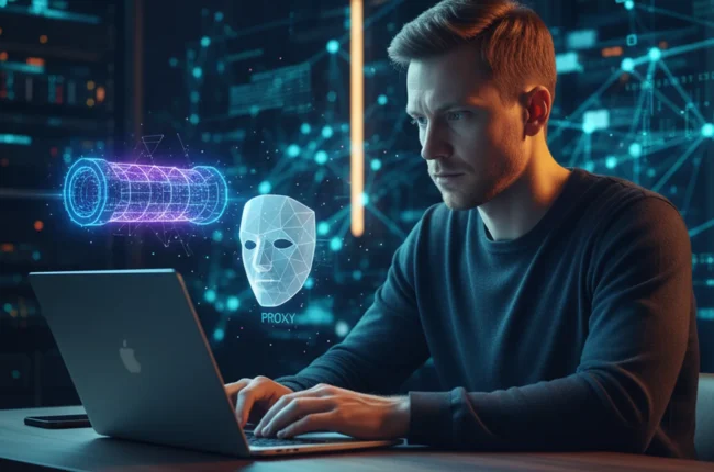 Иллюстрация к статье «VPN против Proxy: В чем разница и что лучше выбрать для защиты данных?» — A focused Slavic male IT professional with Eastern European f…