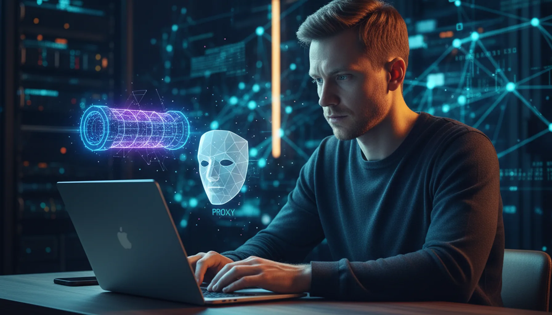Иллюстрация к статье «VPN против Proxy: В чем разница и что лучше выбрать для защиты данных?» — A focused Slavic male IT professional with Eastern European f…