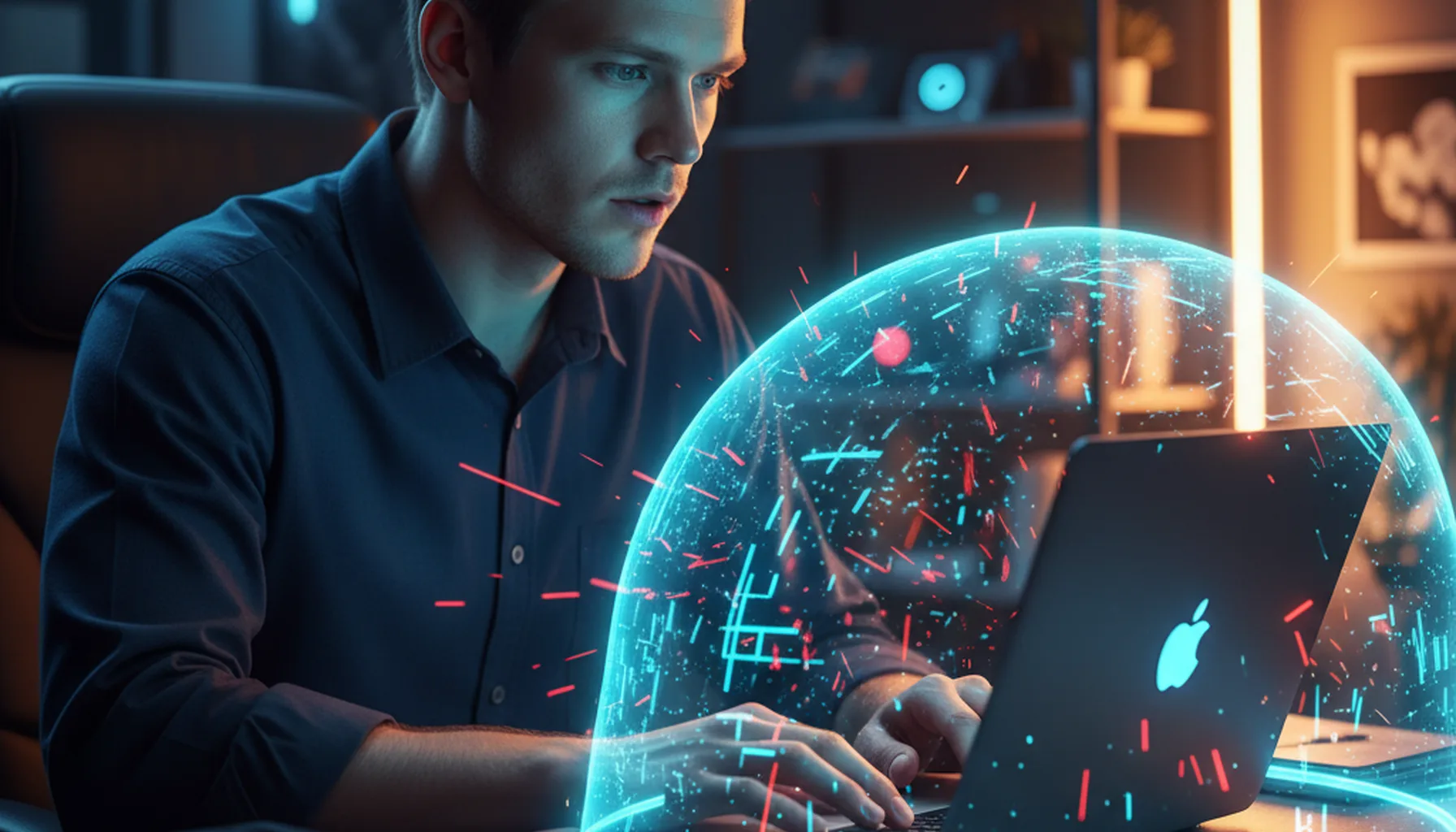 Иллюстрация к статье «Безопасность в сети: Почему стоит выбрать VPN вместо обычного прокси?» — Молодой мужчина славянской внешности (светло-русые волосы, отк…