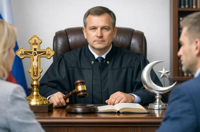 Иллюстрация к статье «Влияние вероисповедания судьи на судебные решения в России» — core idea from title, professional setting, clean centered composition, s…