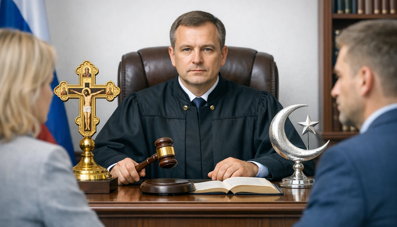 Иллюстрация к статье «Влияние вероисповедания судьи на судебные решения в России» — core idea from title, professional setting, clean centered composition, s…