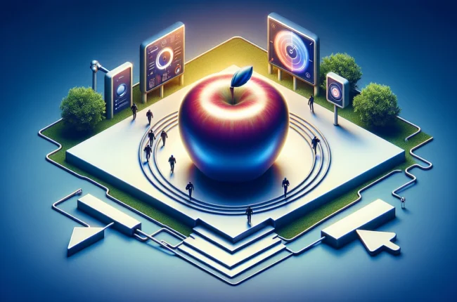 Иллюстрация к статье «Как Apple достигла успеха: ключевые стратегии и инновации» — core idea from title, professional setting, clean centered composition, so…