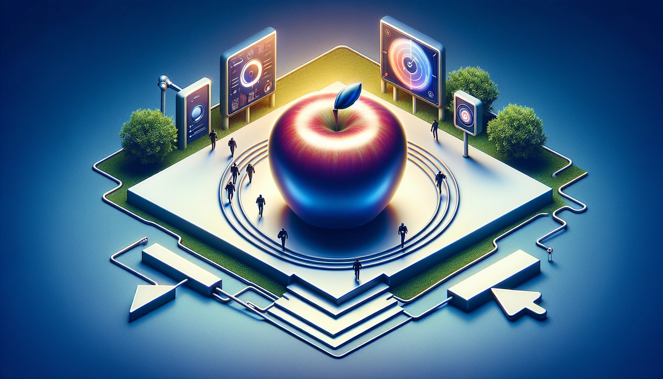 Иллюстрация к статье «Как Apple достигла успеха: ключевые стратегии и инновации» — core idea from title, professional setting, clean centered composition, so…