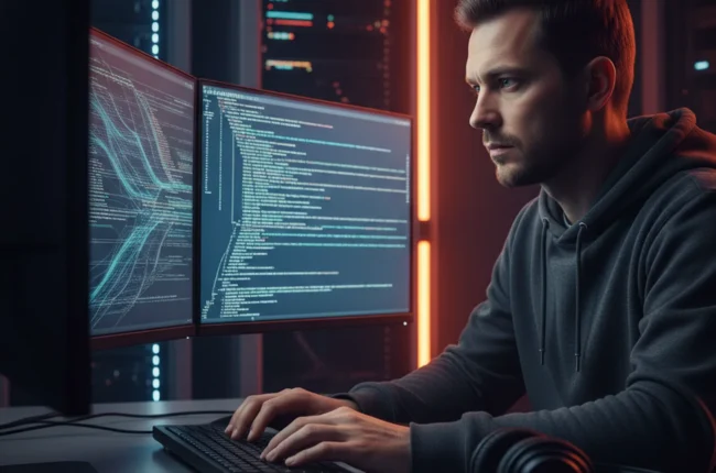 Иллюстрация к статье «Как поднять свой мессенджер на Ubuntu: Обзор бесплатных решений с функцией звонков» — A focused IT specialist with Slavic appearance (E…