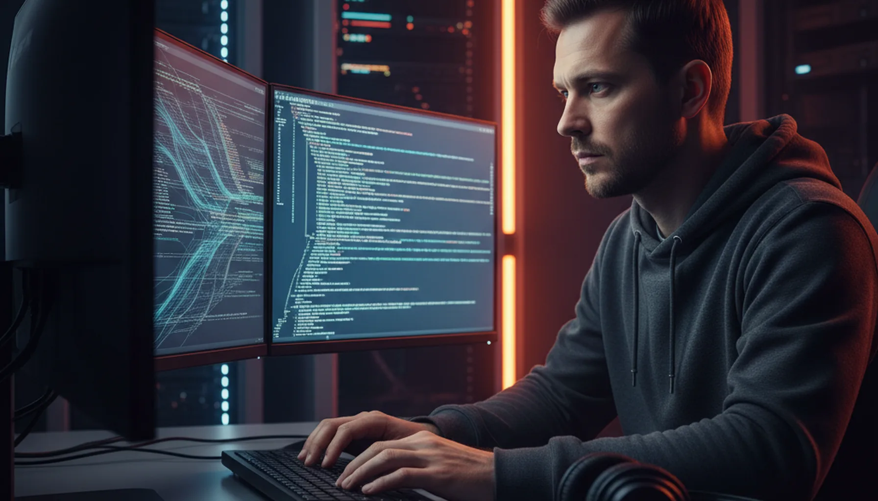 Иллюстрация к статье «Как поднять свой мессенджер на Ubuntu: Обзор бесплатных решений с функцией звонков» — A focused IT specialist with Slavic appearance (E…