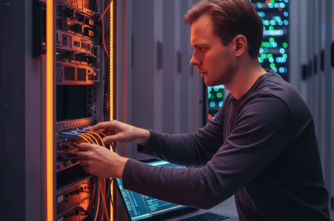 Иллюстрация к статье «Корпоративный мессенджер своими руками: Сравнение self-hosted платформ для Ubuntu» — A focused IT system administrator of Slavic appear…