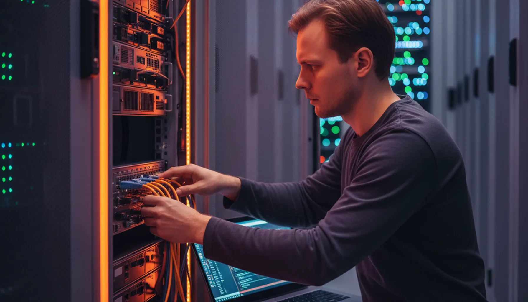 Иллюстрация к статье «Корпоративный мессенджер своими руками: Сравнение self-hosted платформ для Ubuntu» — A focused IT system administrator of Slavic appear…