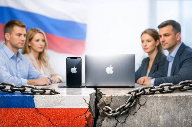 Иллюстрация к статье «Почему Apple продолжает работать в России, несмотря на санкции?» — core idea from title, professional setting, clean centered compositi…