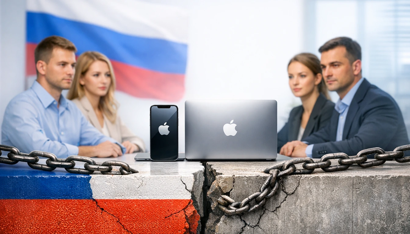 Иллюстрация к статье «Почему Apple продолжает работать в России, несмотря на санкции?» — core idea from title, professional setting, clean centered compositi…