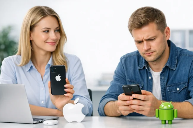 Иллюстрация к статье «Преимущества iOS перед Android: удобство и простота использования» — core idea from title, professional setting, clean centered composi…