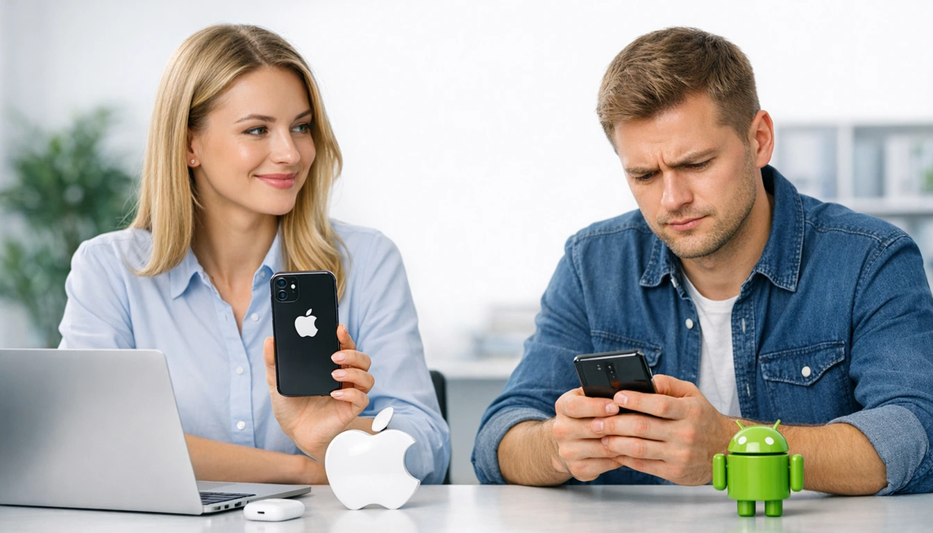 Иллюстрация к статье «Преимущества iOS перед Android: удобство и простота использования» — core idea from title, professional setting, clean centered composi…