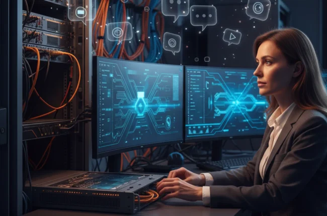 Иллюстрация к статье «Свой мессенджер на сервере Ubuntu: Сравниваем лучшие Open Source решения для чатов и видеосвязи» — A professional IT specialist with Sl…