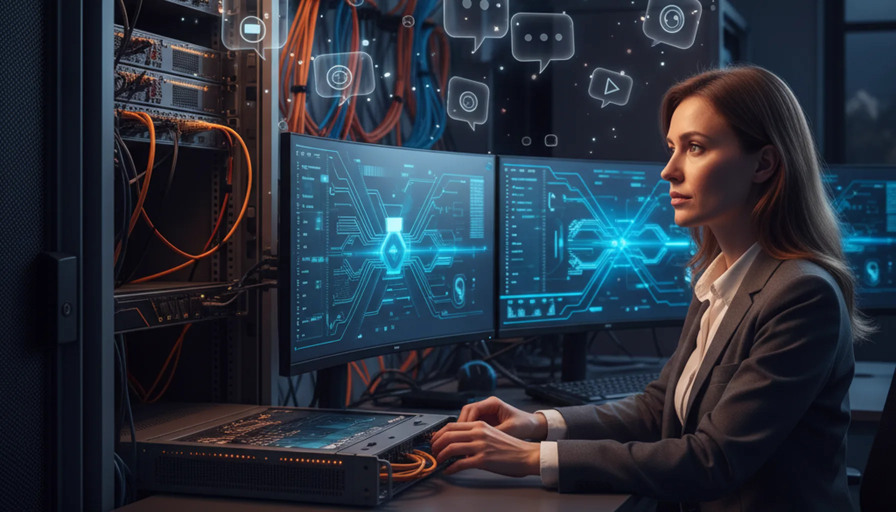 Иллюстрация к статье «Свой мессенджер на сервере Ubuntu: Сравниваем лучшие Open Source решения для чатов и видеосвязи» — A professional IT specialist with Sl…