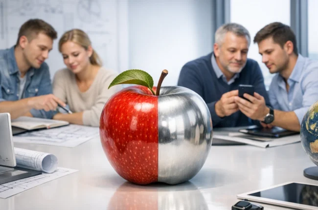 Иллюстрация к статье «Секреты успеха Apple: от идеи до глобального бренда» — core idea from title, professional setting, clean centered composition, soft stu…