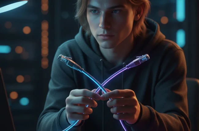 Иллюстрация к статье «Сравнение VPN и Proxy: Ключевые отличия простыми словами для новичков» — A thoughtful young person of Slavic appearance (fair skin, lig…