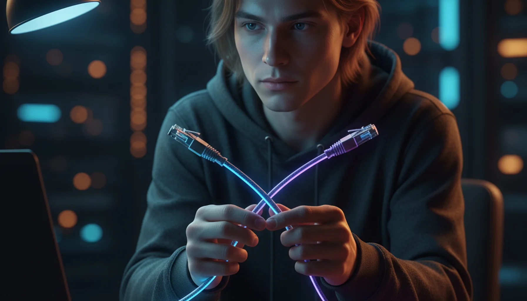 Иллюстрация к статье «Сравнение VPN и Proxy: Ключевые отличия простыми словами для новичков» — A thoughtful young person of Slavic appearance (fair skin, lig…