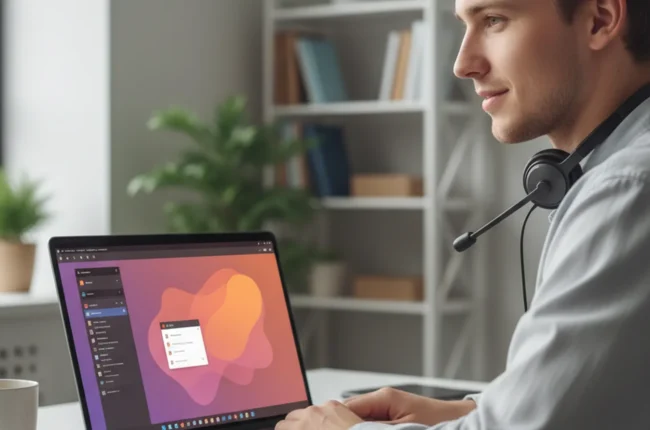 Иллюстрация к статье «Топ-5 Open Source мессенджеров для Ubuntu с поддержкой звонков: Большое сравнение» — Молодой специалист славянской внешности (светло-ру…