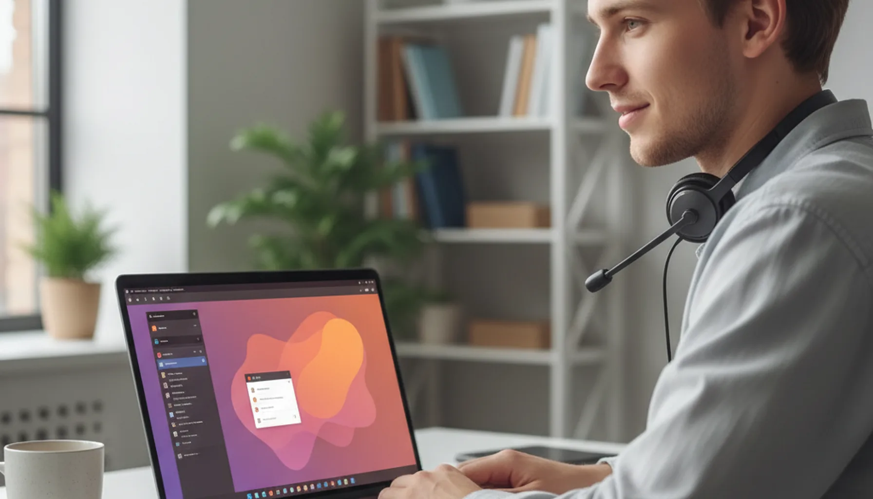 Иллюстрация к статье «Топ-5 Open Source мессенджеров для Ubuntu с поддержкой звонков: Большое сравнение» — Молодой специалист славянской внешности (светло-ру…