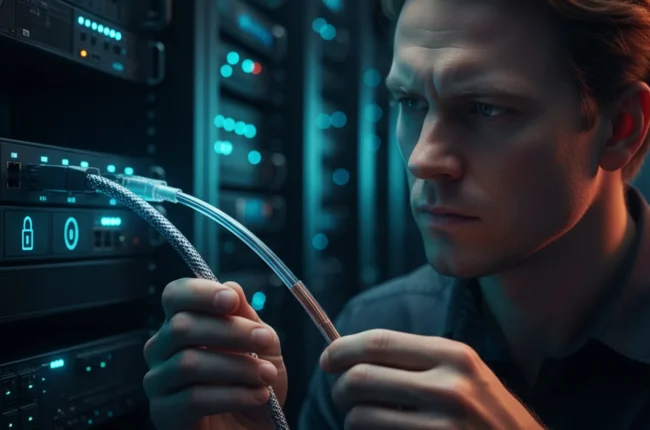 Иллюстрация к статье «Чем отличается VPN от прокси-сервера: Главные преимущества и недостатки» — A focused Slavic male IT specialist (light hair, Eastern Eur…