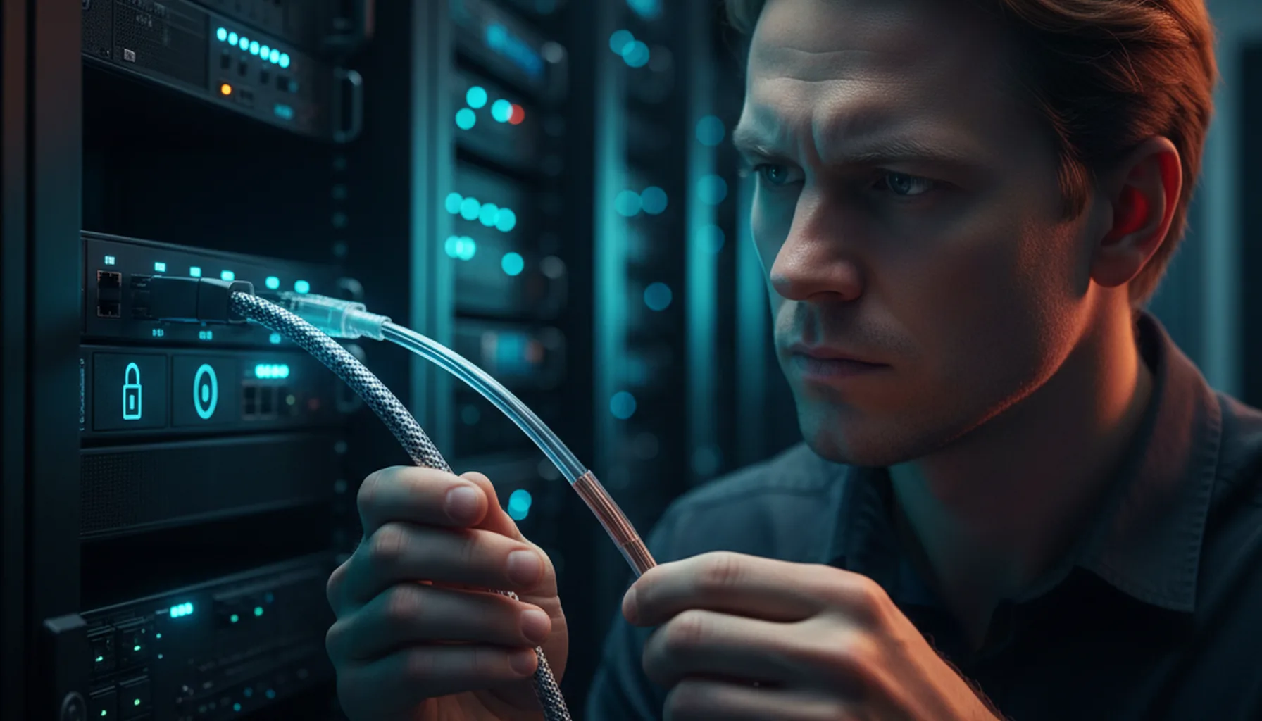 Иллюстрация к статье «Чем отличается VPN от прокси-сервера: Главные преимущества и недостатки» — A focused Slavic male IT specialist (light hair, Eastern Eur…